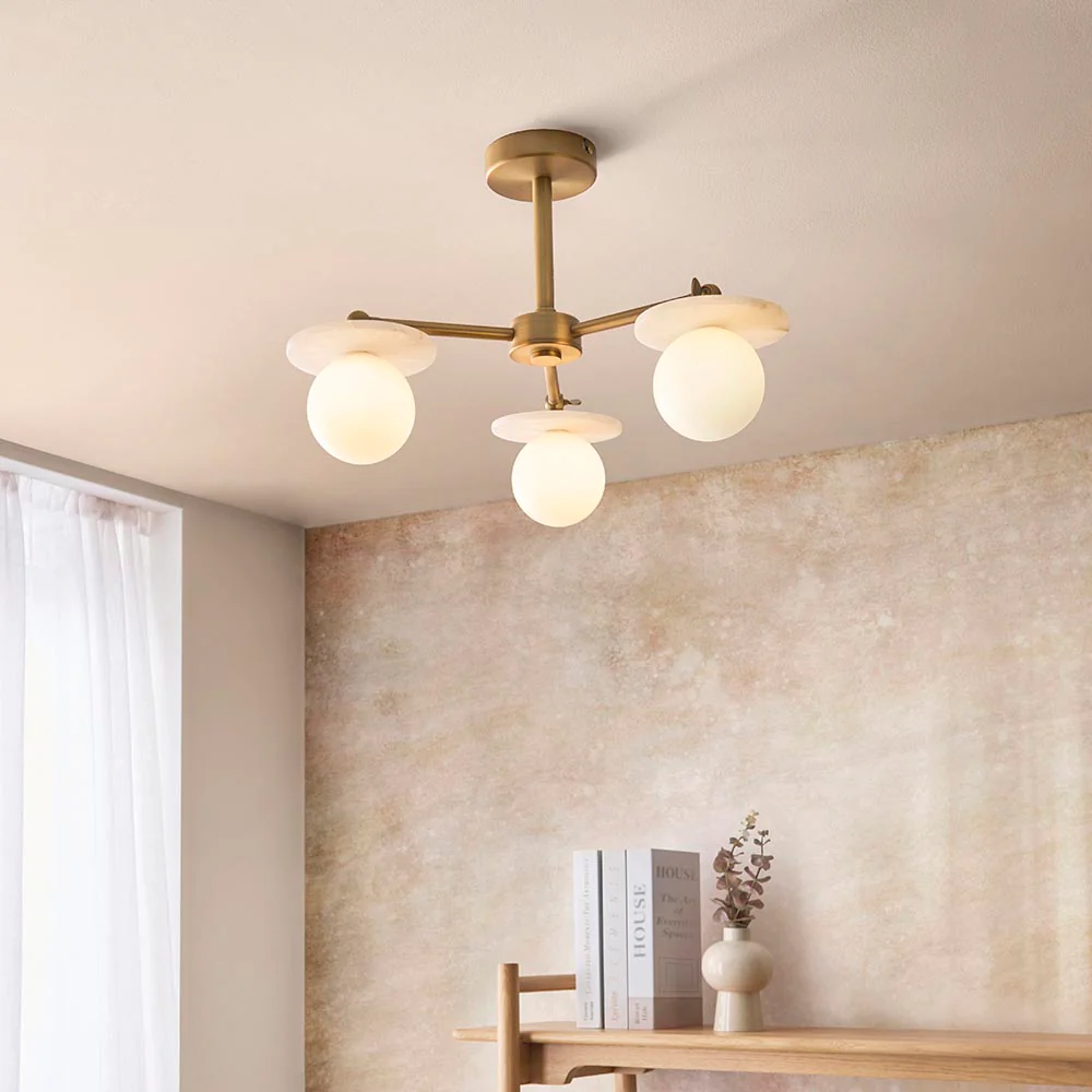 Kairo 3/5lt Semi Flush Ceiling Light - Antique Brass w Alabaster Finish - Image 10