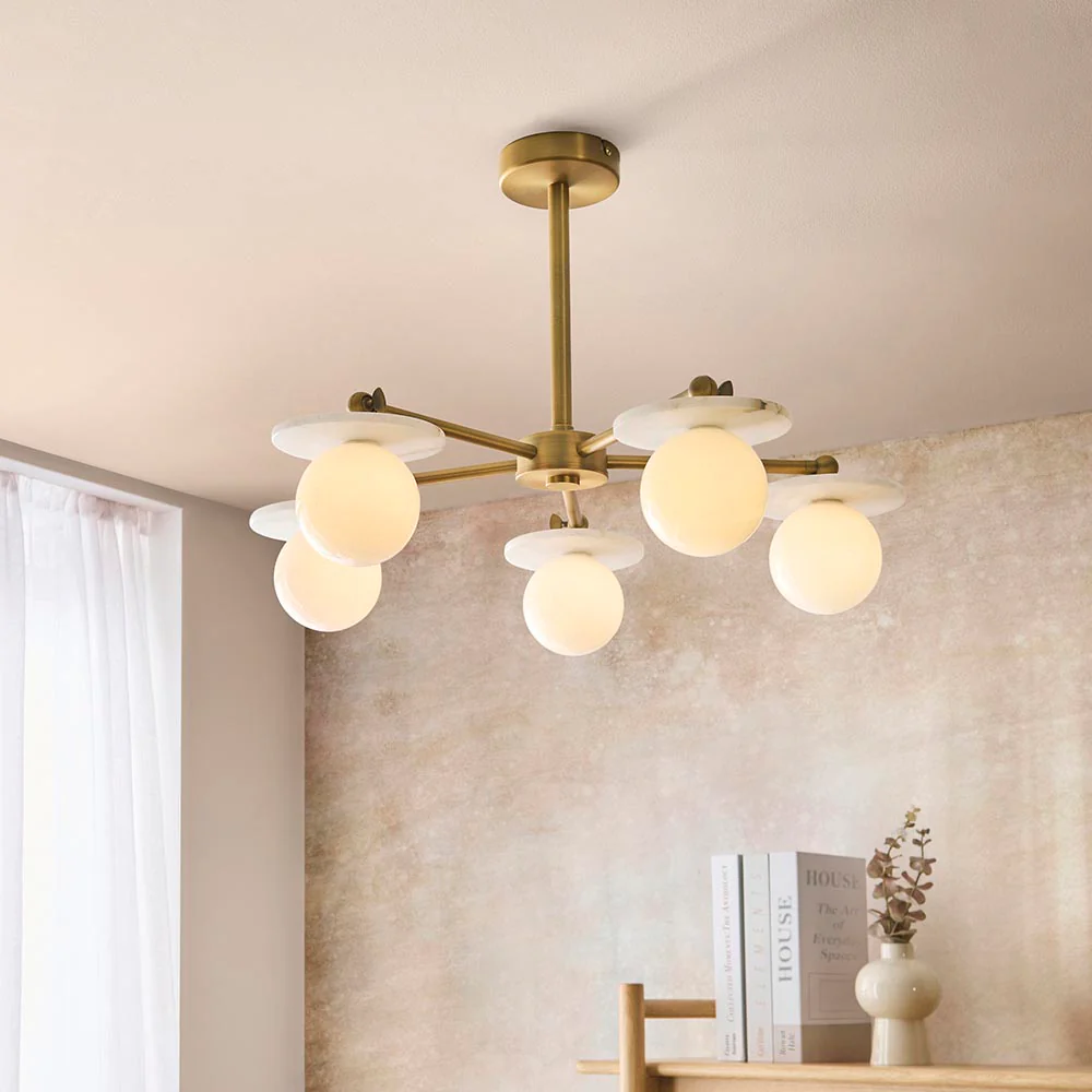 Kairo 3/5lt Semi Flush Ceiling Light - Antique Brass w Alabaster Finish - Image 14