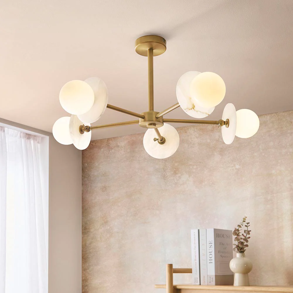 Kairo 3/5lt Semi Flush Ceiling Light - Antique Brass w Alabaster Finish - Image 15