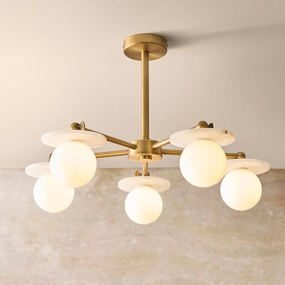 Kairo 3/5lt Semi Flush Ceiling Light - Antique Brass w Alabaster Finish - Image 16