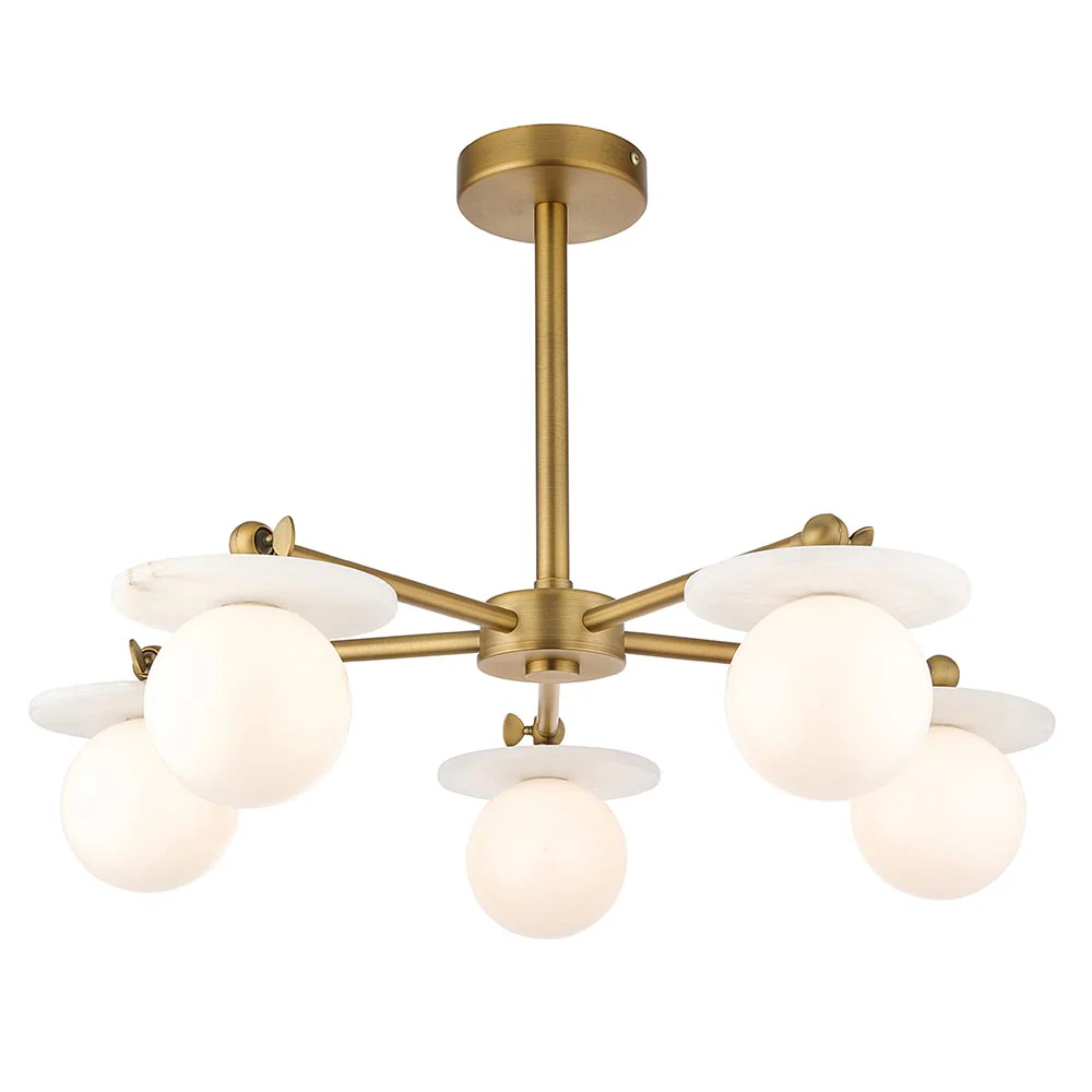 Kairo 3/5lt Semi Flush Ceiling Light - Antique Brass w Alabaster Finish - Image 2