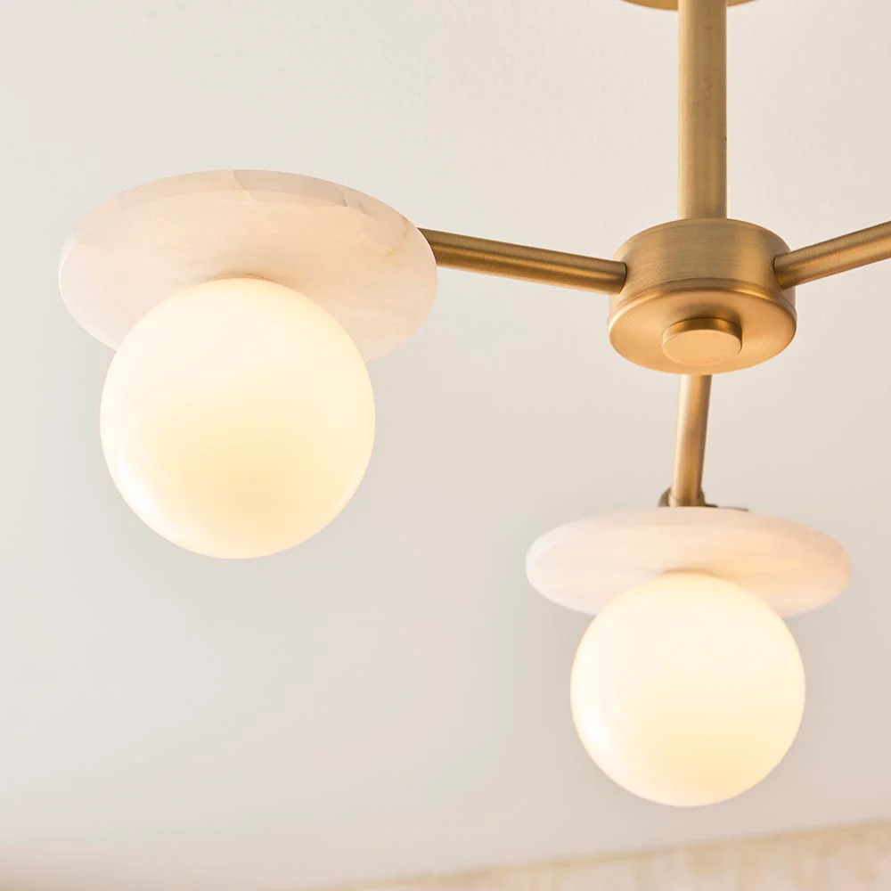 Kairo 3/5lt Semi Flush Ceiling Light - Antique Brass w Alabaster Finish - Image 6