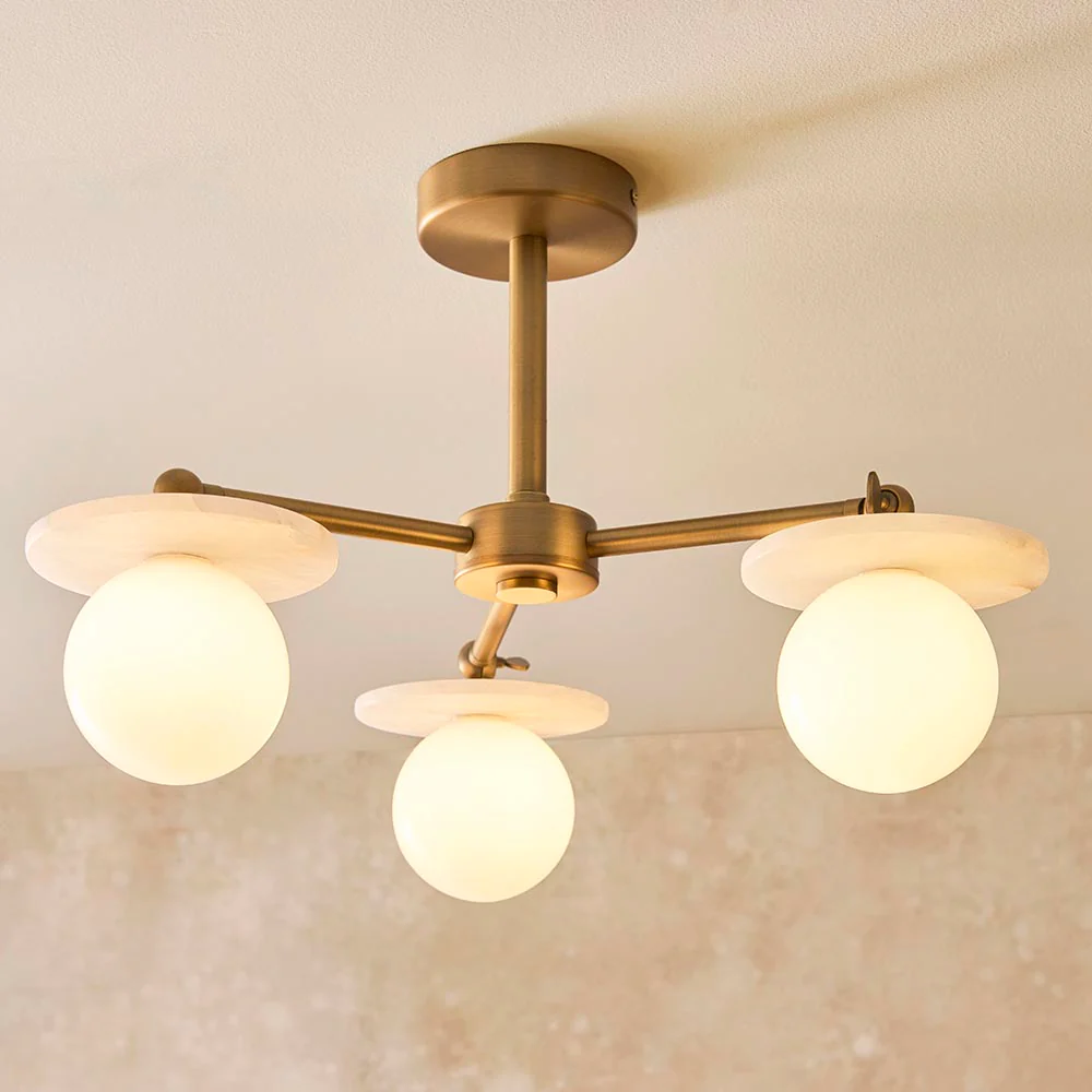 Kairo 3/5lt Semi Flush Ceiling Light - Antique Brass w Alabaster Finish - Image 7