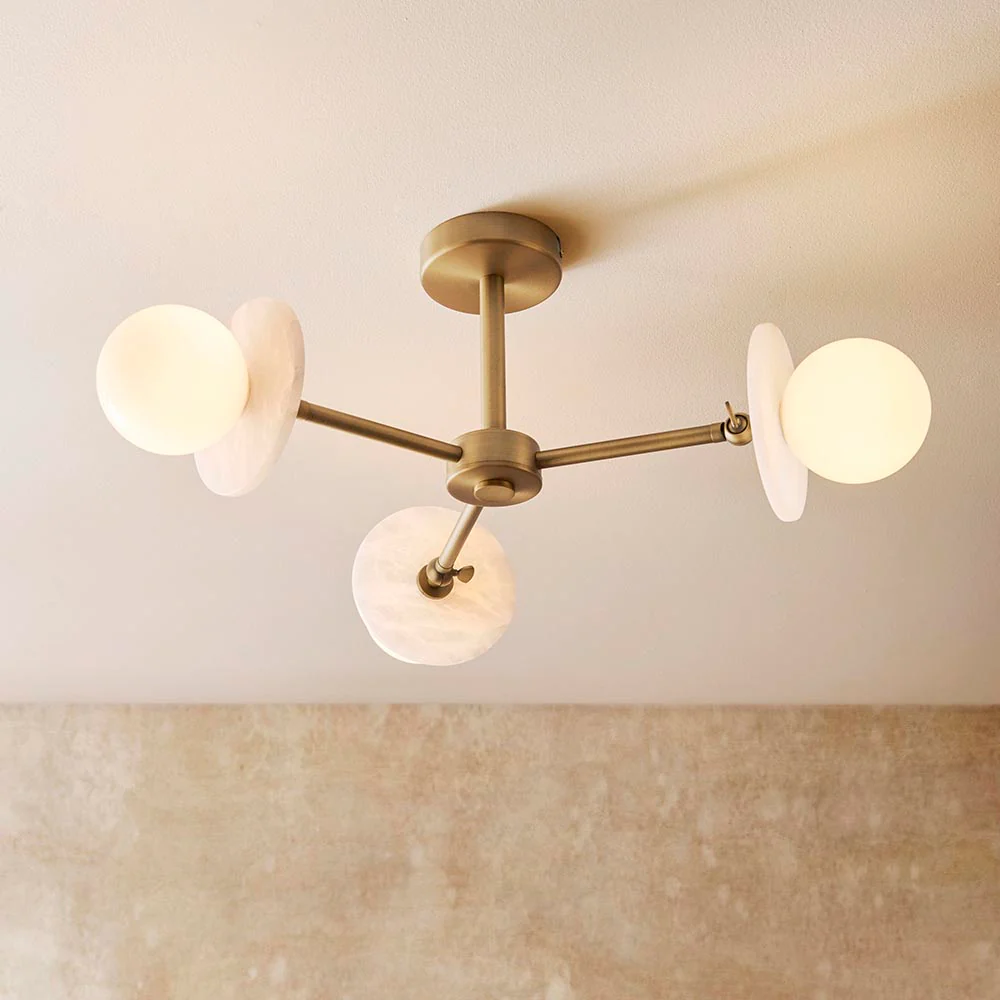 Kairo 3/5lt Semi Flush Ceiling Light - Antique Brass w Alabaster Finish - Image 8
