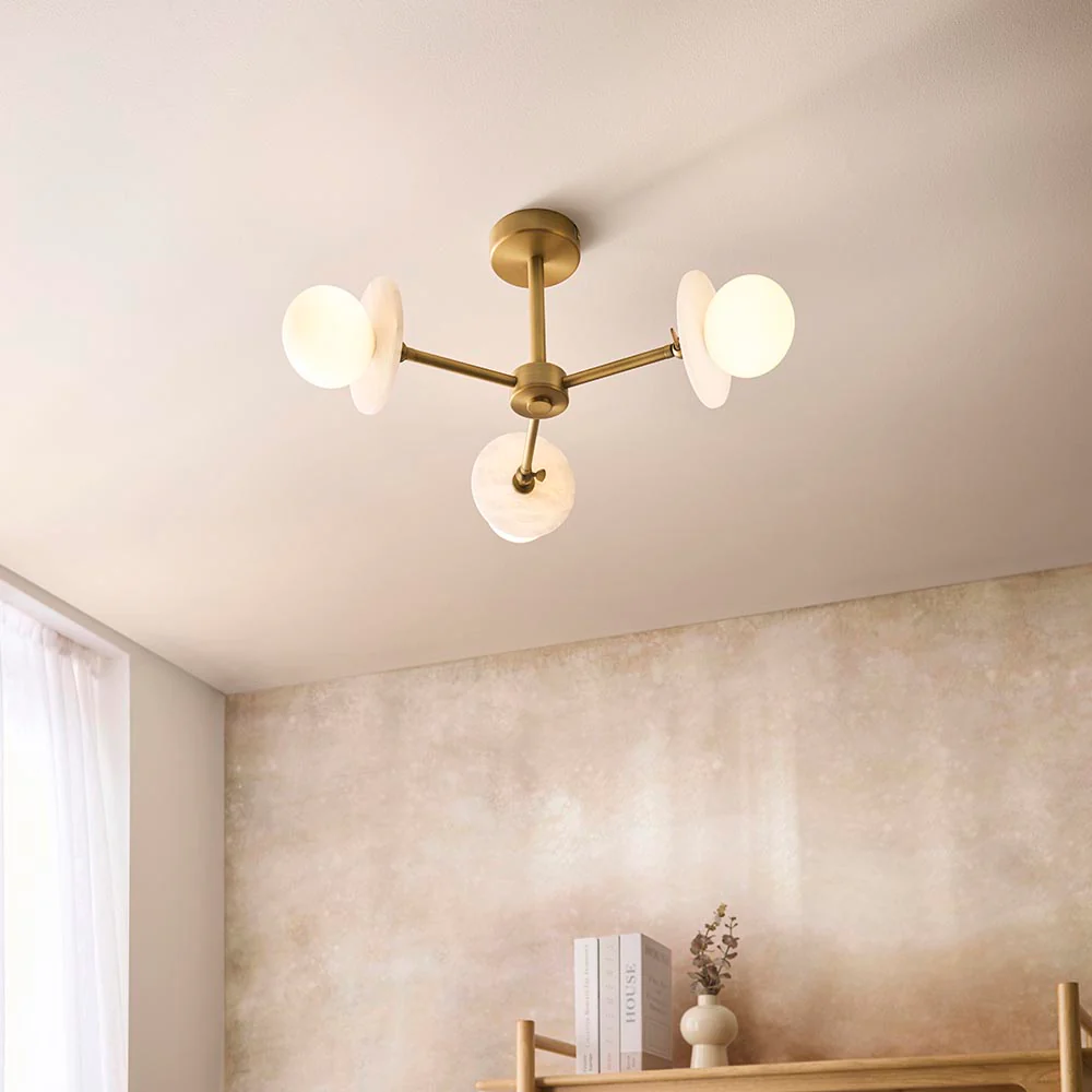 Kairo 3/5lt Semi Flush Ceiling Light - Antique Brass w Alabaster Finish - Image 9