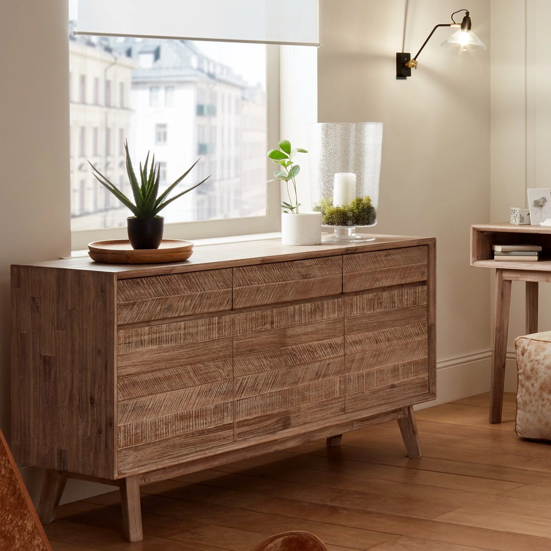 Kalmar Acacia Wood 3 Drawer 3 Door Sideboard - Sand Wash Finish - Image 4