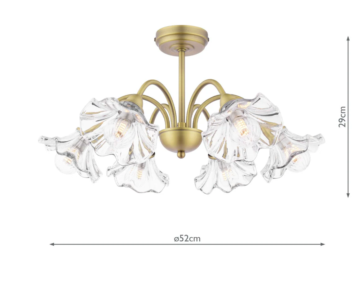 Kerswell 6Lt Semi Flush Ceiling Light - Matt Antique Brass and Glass - Image 8