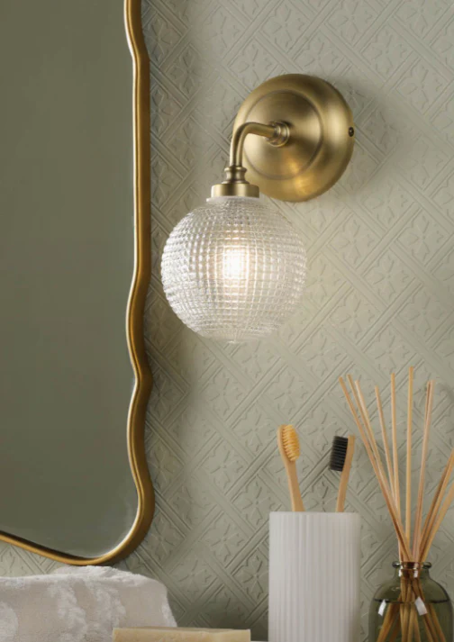 Langdon Bathroom Wall Light Matt Antique Brass and Textured Glass IP44 - Image 3