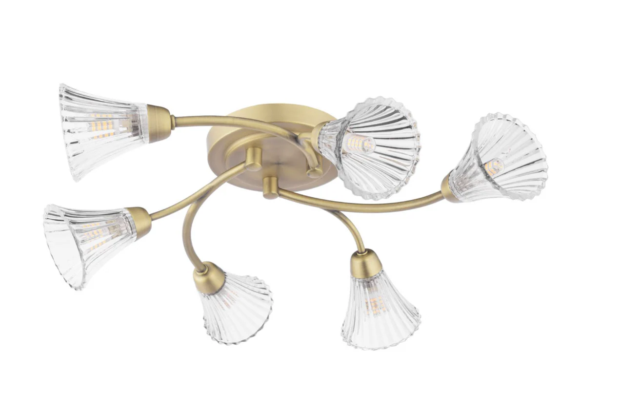 Lanton 6 Lt Flush Ceiling Light - Matt Antique Brass and Ribbed Glass - Image 2
