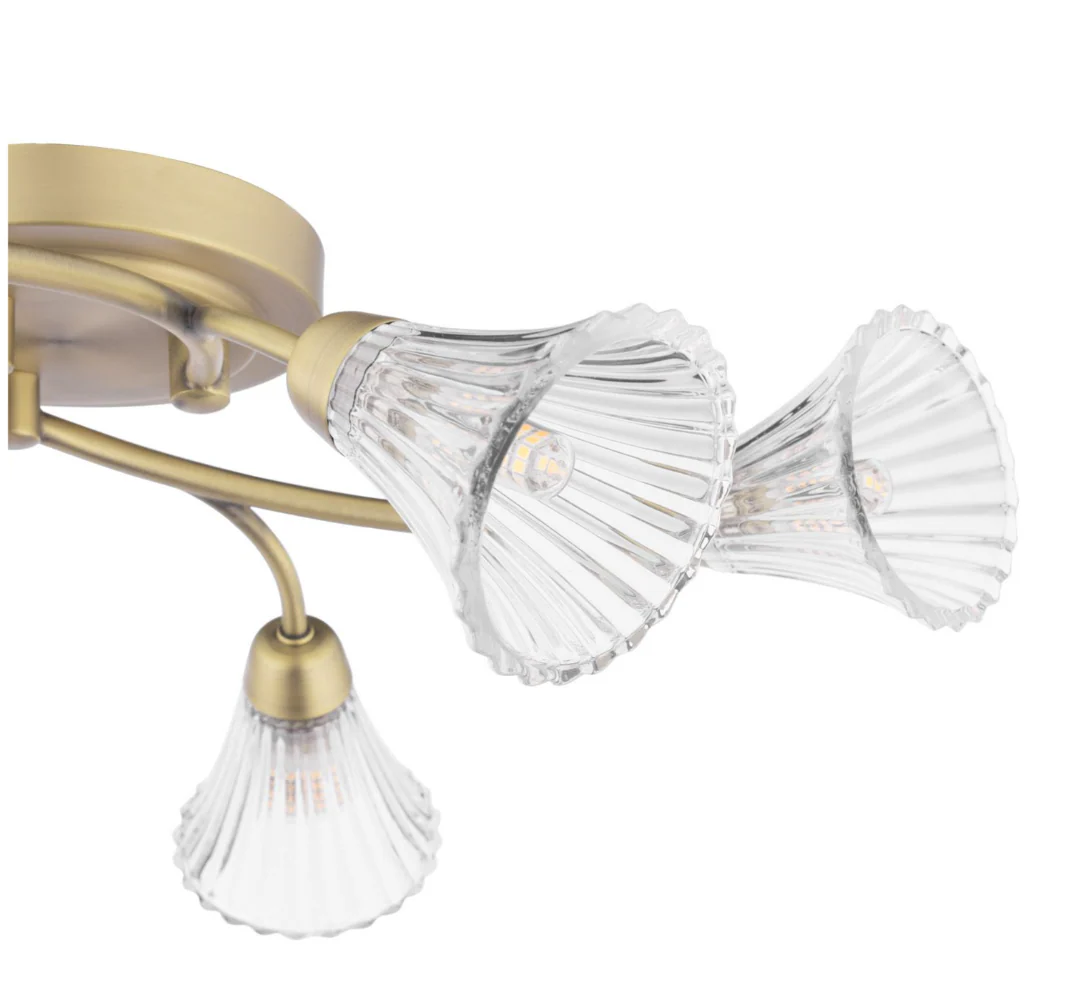 Lanton 6 Lt Flush Ceiling Light - Matt Antique Brass and Ribbed Glass - Image 4