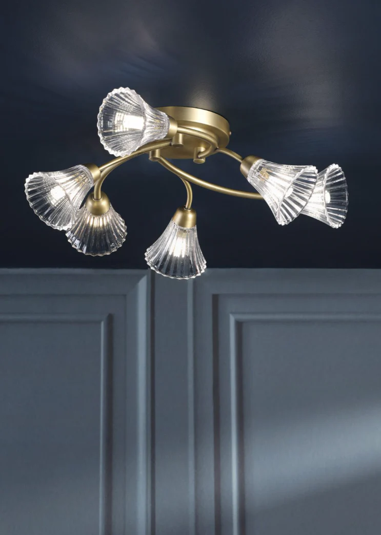 Lanton 6 Lt Flush Ceiling Light - Matt Antique Brass and Ribbed Glass - Image 5