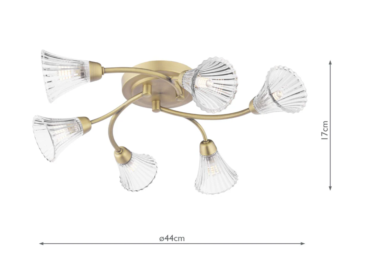 Lanton 6 Lt Flush Ceiling Light - Matt Antique Brass and Ribbed Glass - Image 6