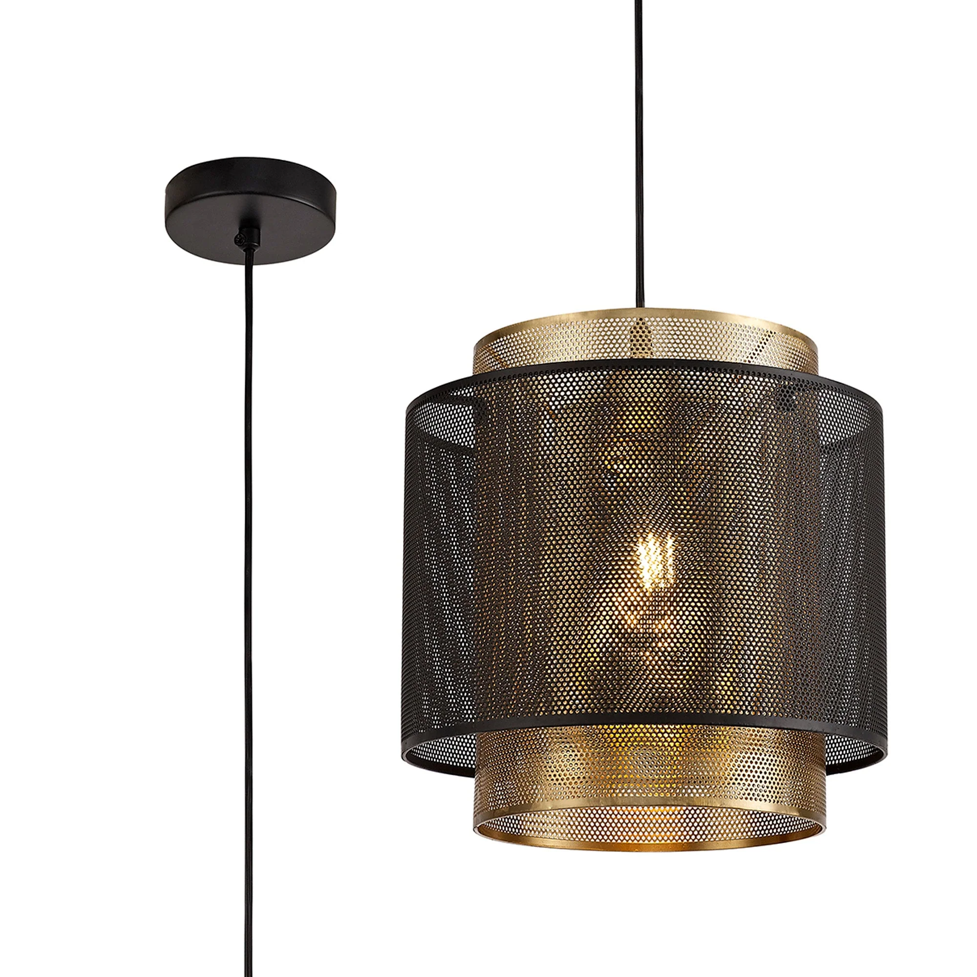 Lasso Single Small/Large Pendant, 1 Light Adjustable E27, Matt Black/Satin Gold - Image 8