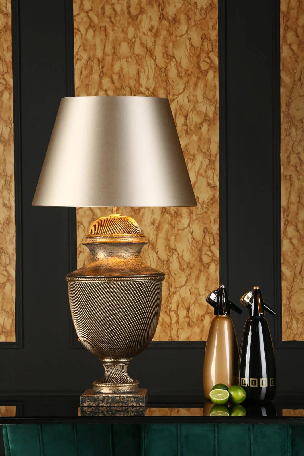 Lattice Table Lamp In Black & Gold/Cream & Gold, Base Only E27 - Image 10
