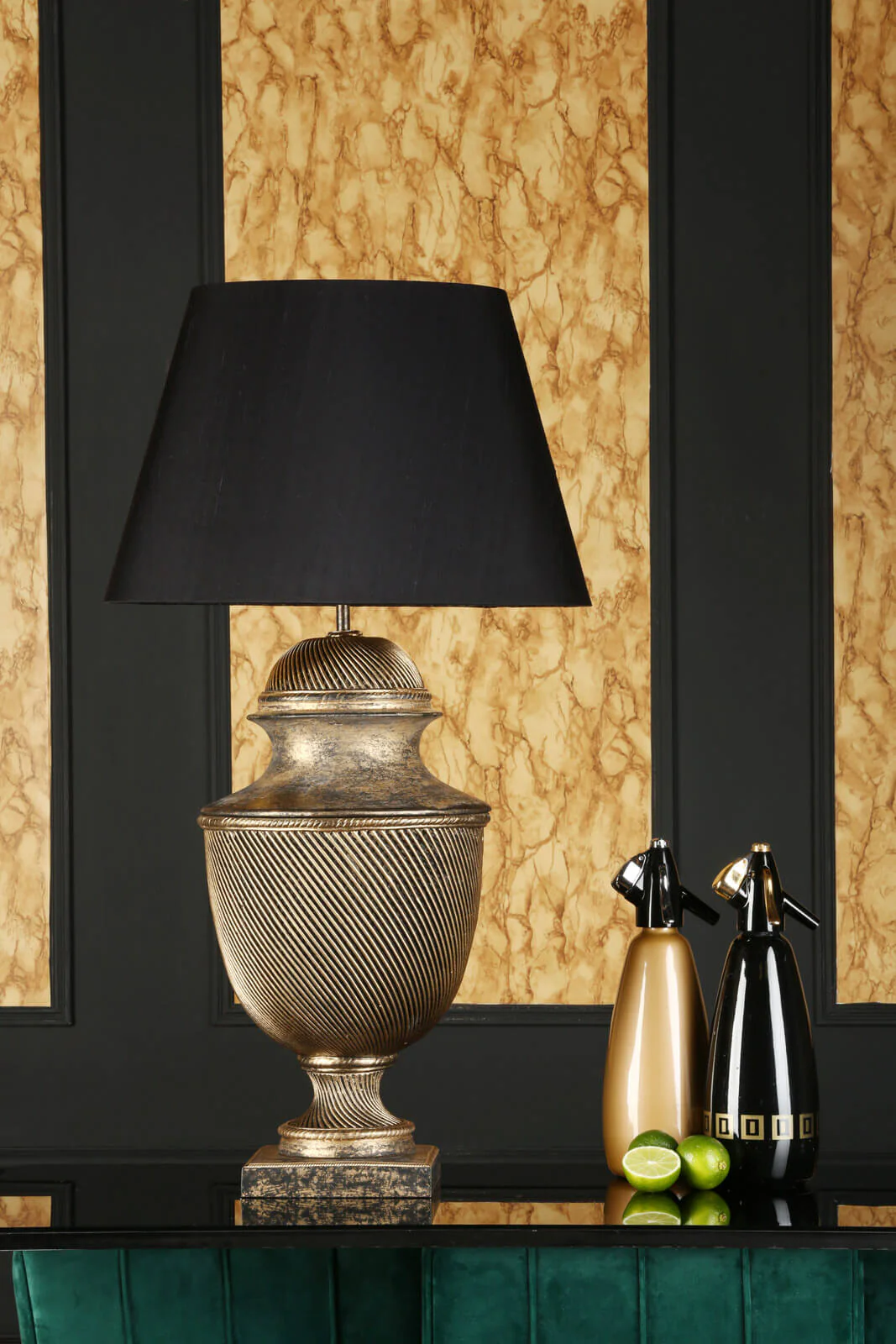 Lattice Table Lamp In Black & Gold/Cream & Gold, Base Only E27 - Image 3