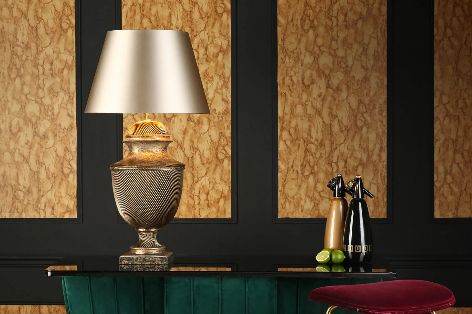 Lattice Table Lamp In Black & Gold/Cream & Gold, Base Only E27 - Image 6