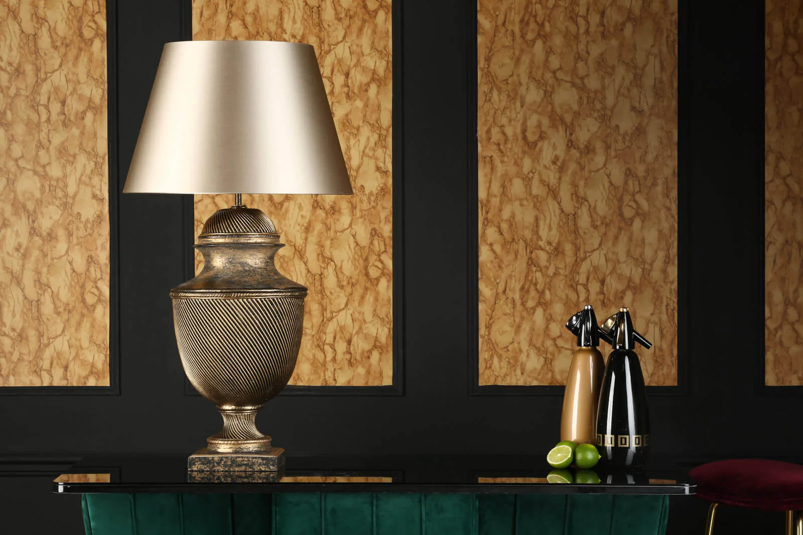 Lattice Table Lamp In Black & Gold/Cream & Gold, Base Only E27 - Image 7