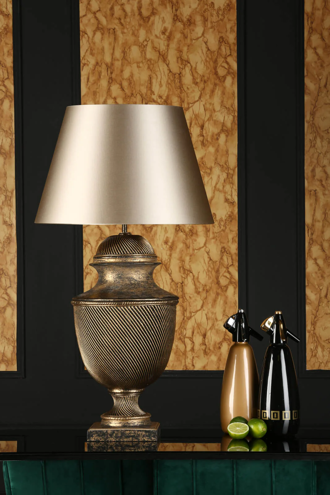 Lattice Table Lamp In Black & Gold/Cream & Gold, Base Only E27 - Image 9