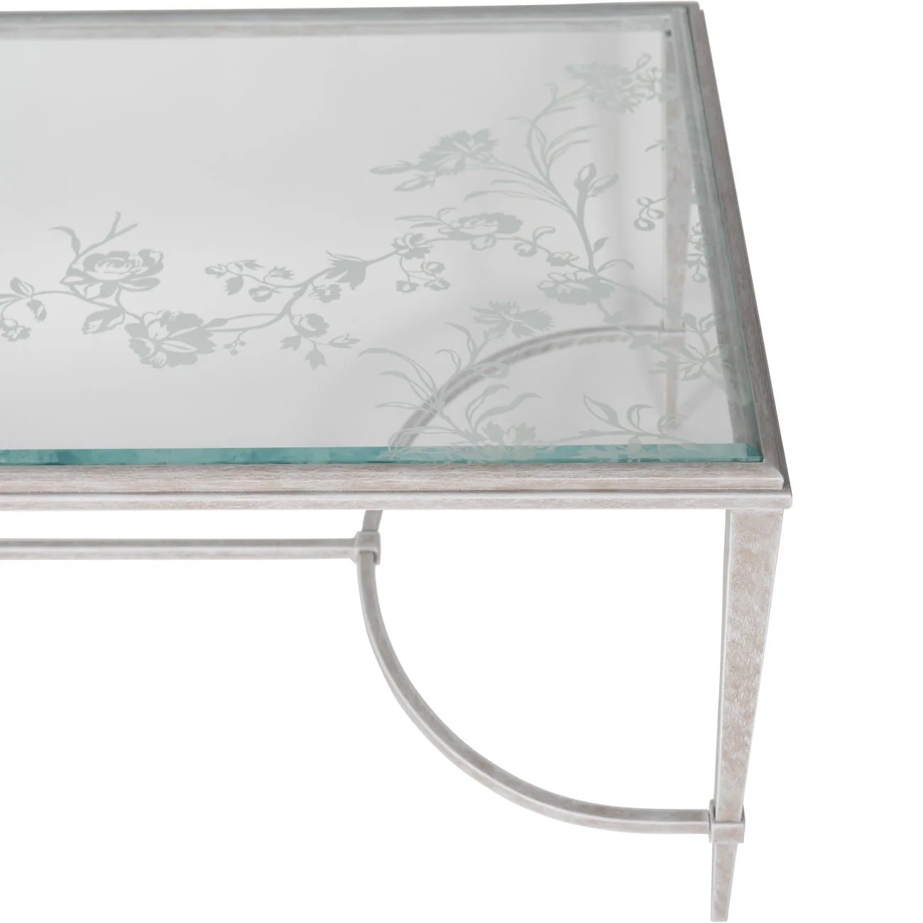 Aria Etched Glass Distressed White Iron Coffee Table - Image 2