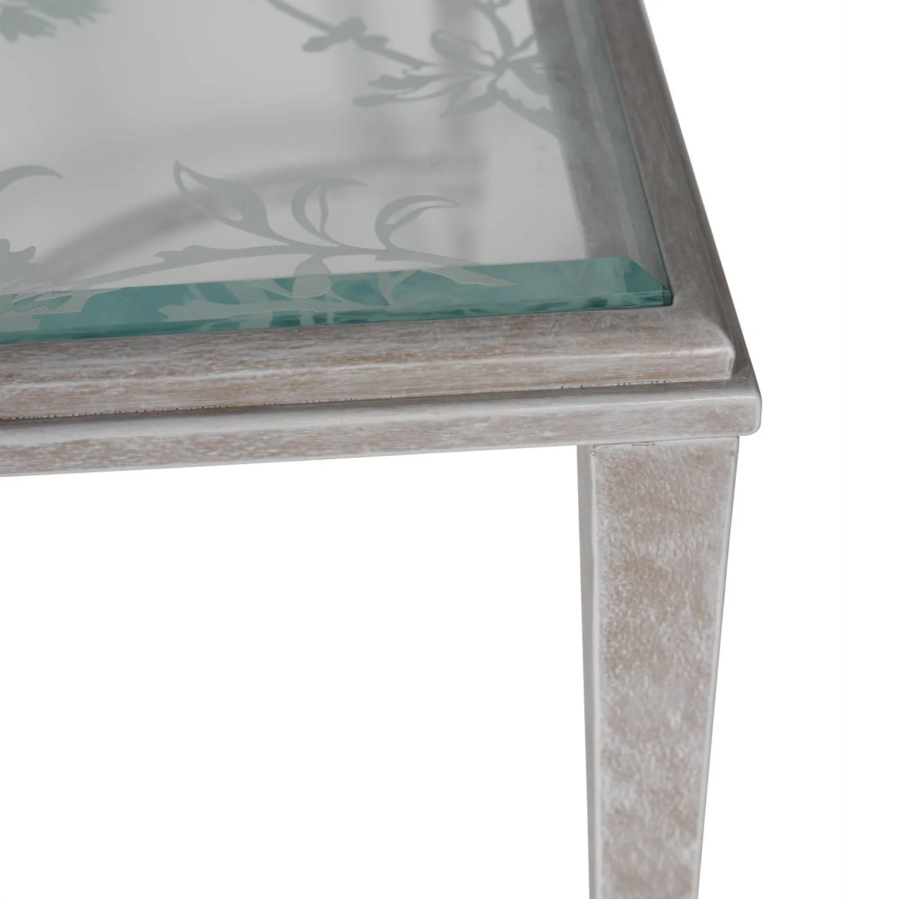 Aria Etched Glass Distressed White Iron Coffee Table - Image 3