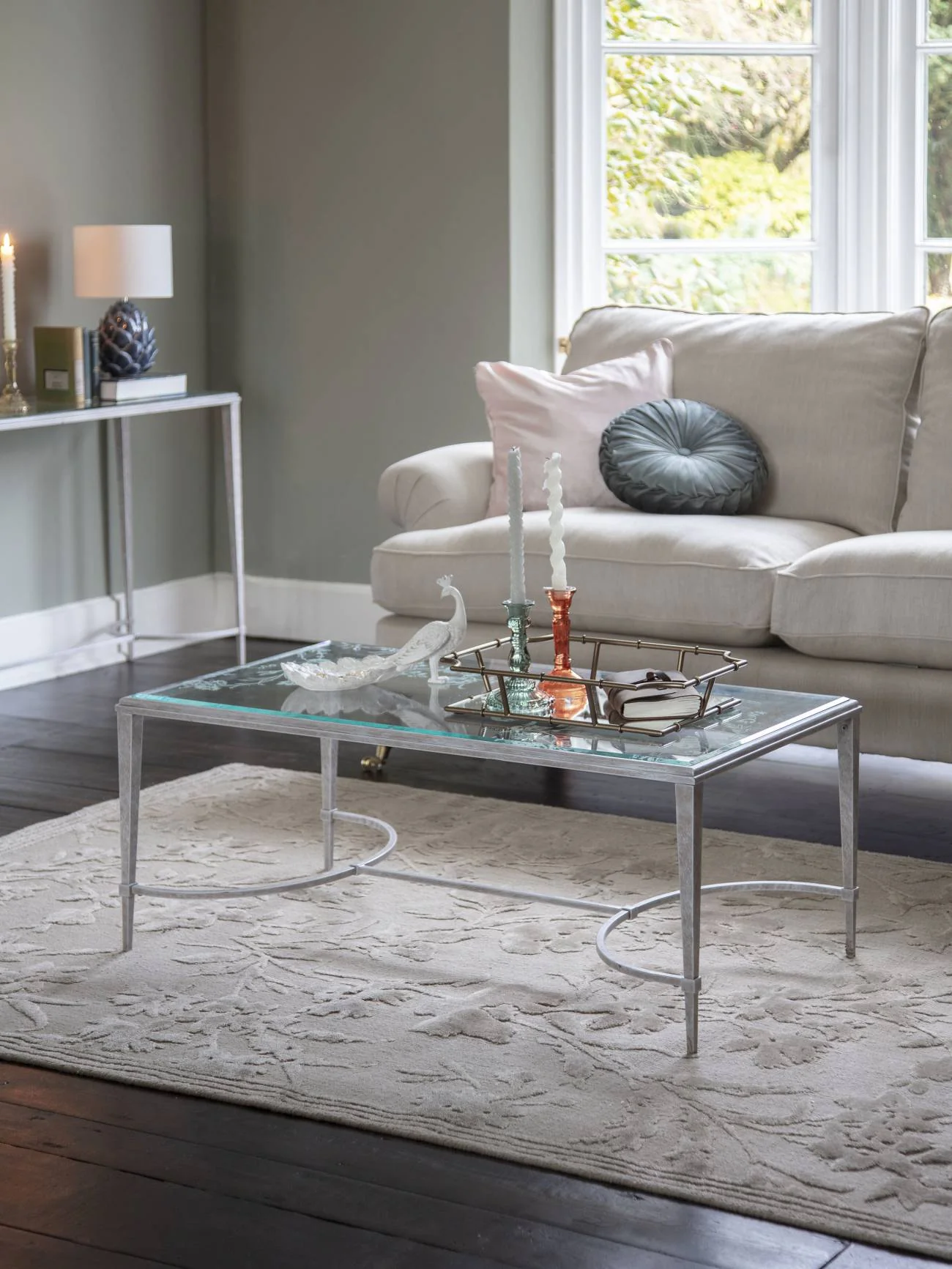 Aria Etched Glass Distressed White Iron Coffee Table - Image 4