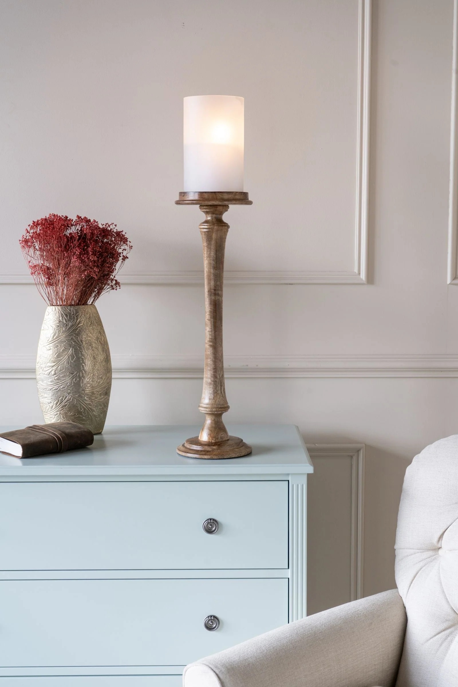Large Wooden Pedestal Hurricane with Frosted Glass - Image 5