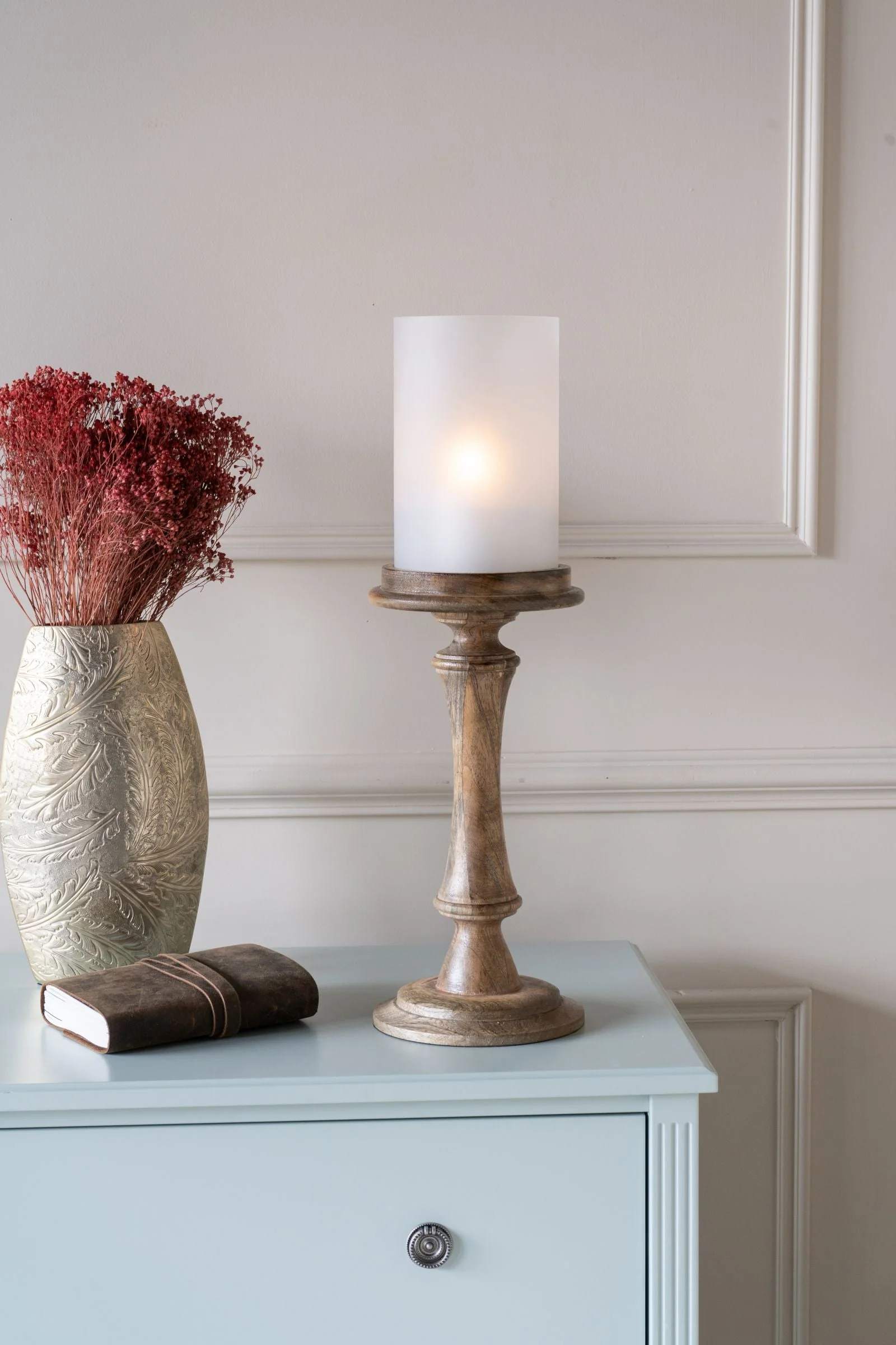Small Wooden Pedestal Hurricane with Frosted Glass - Image 6