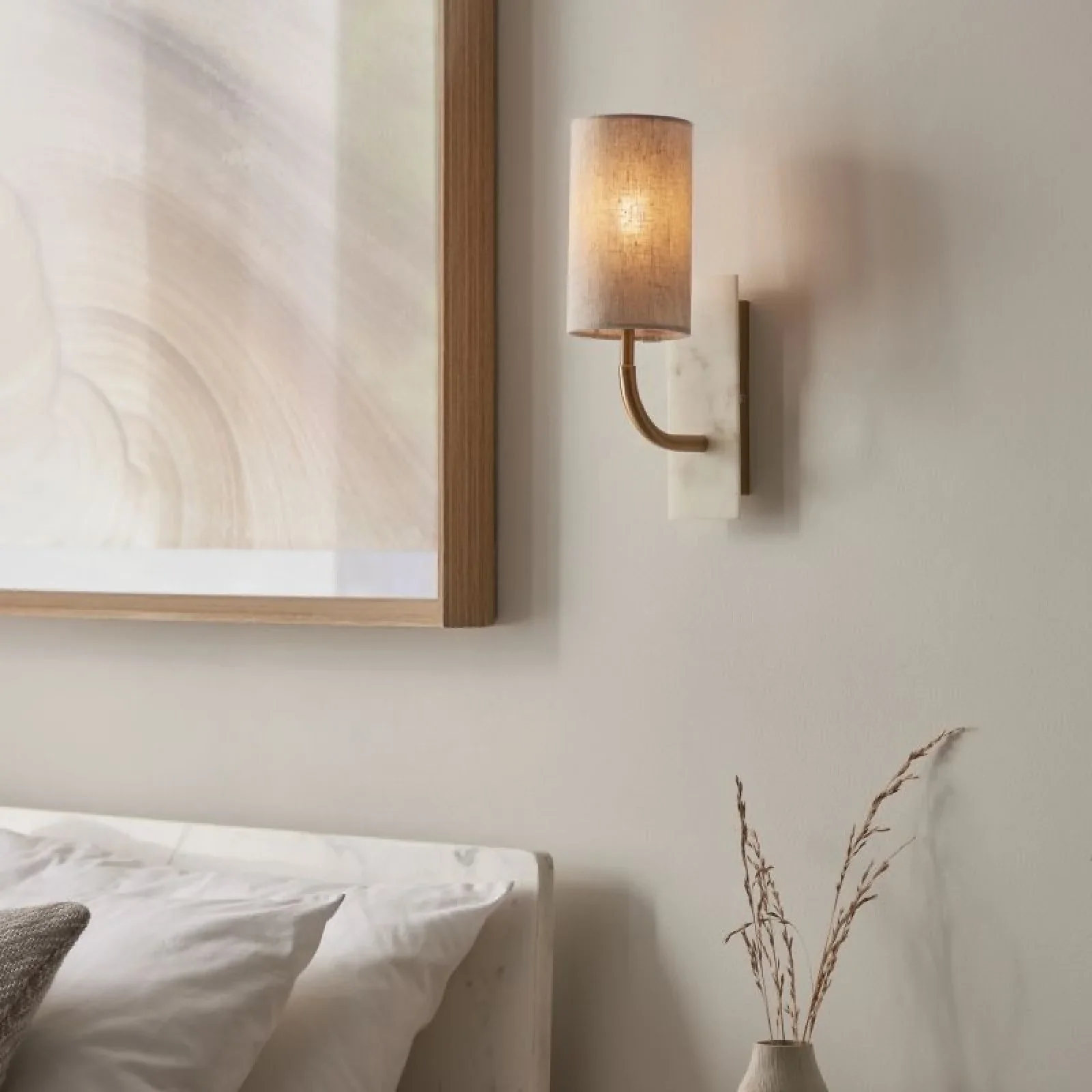 Laurent Vintage Brass & White Marble Wall Lamp with Linen Shade- Curved Base Finish - Image 3
