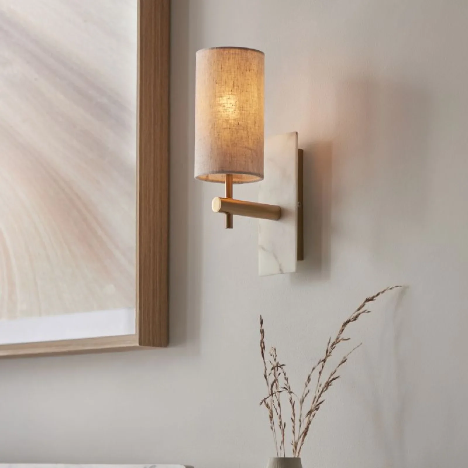Laurent Vintage Brass & White Marble Wall Lamp with Linen Shade- Straight Base Finish - Image 3