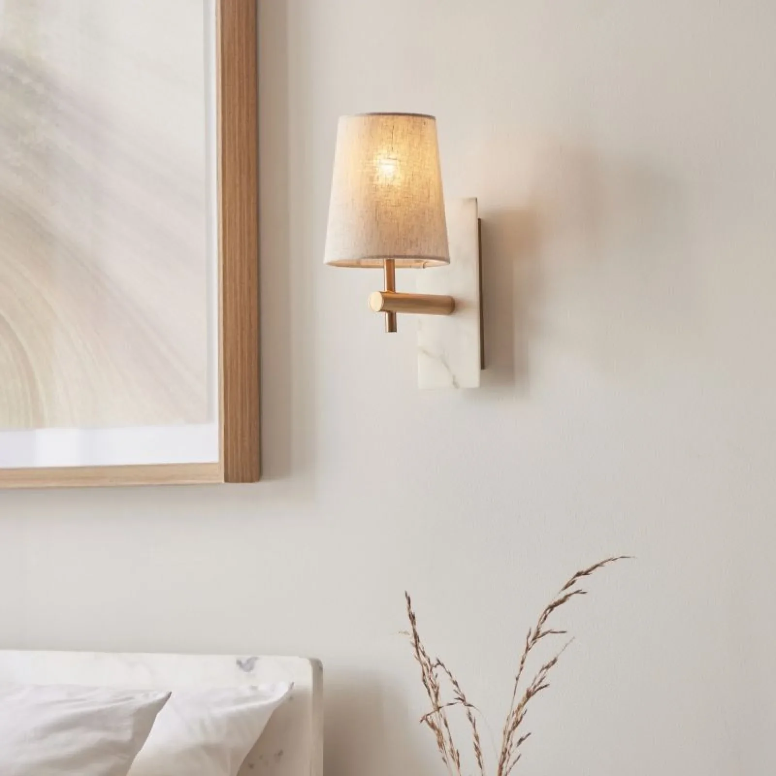 Laurent Vintage Brass & White Marble Wall Lamp with Linen Shade- Straight Base Finish - Image 4