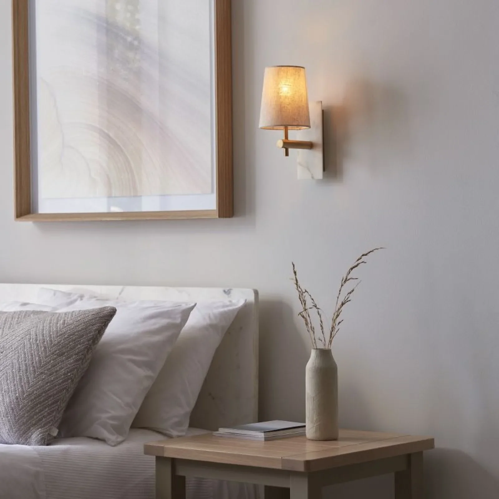 Laurent Vintage Brass & White Marble Wall Lamp with Linen Shade- Straight Base Finish - Image 5