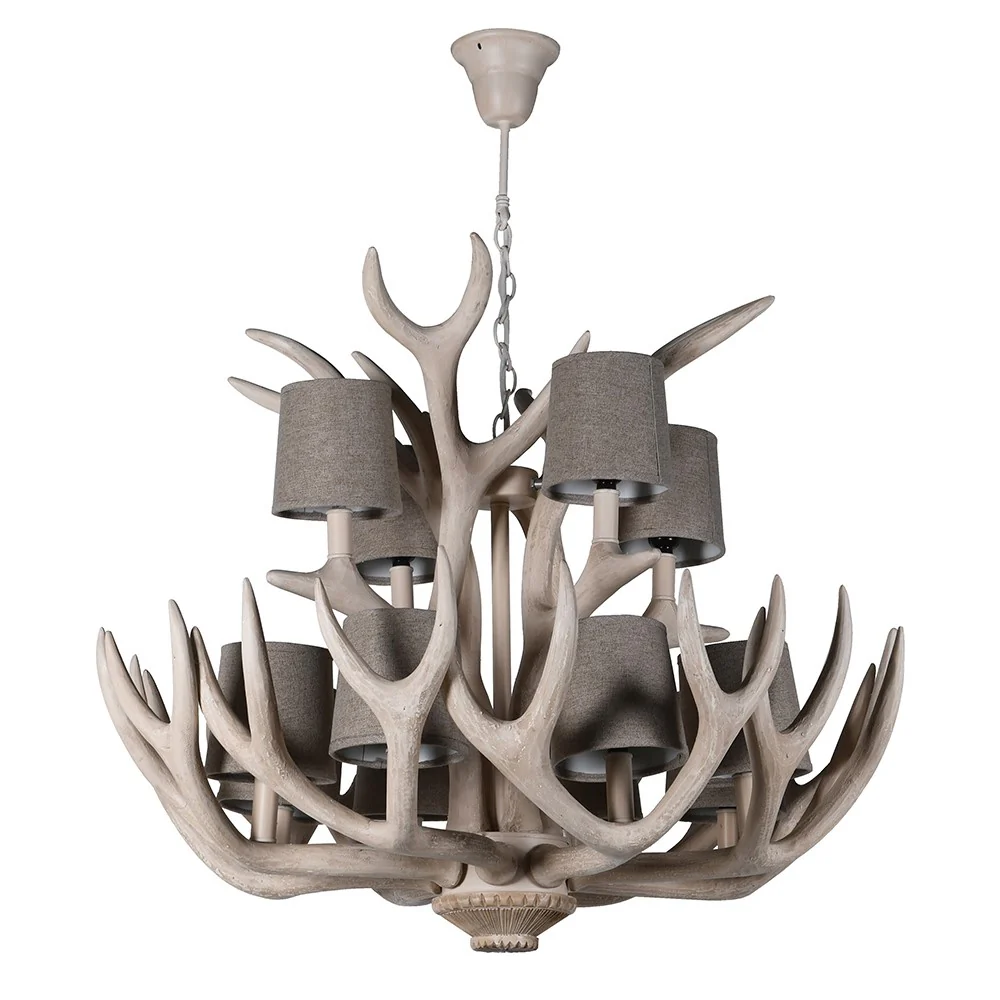 Lethbridge 12 Bulb Antler Chandelier with Cotton Shades