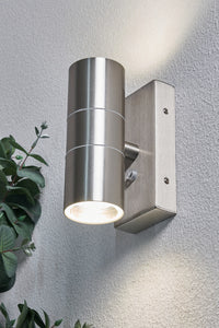 Leto 2 Light GU10 Up & Down Wall Light w Photocell Brushed Steel - Image 2