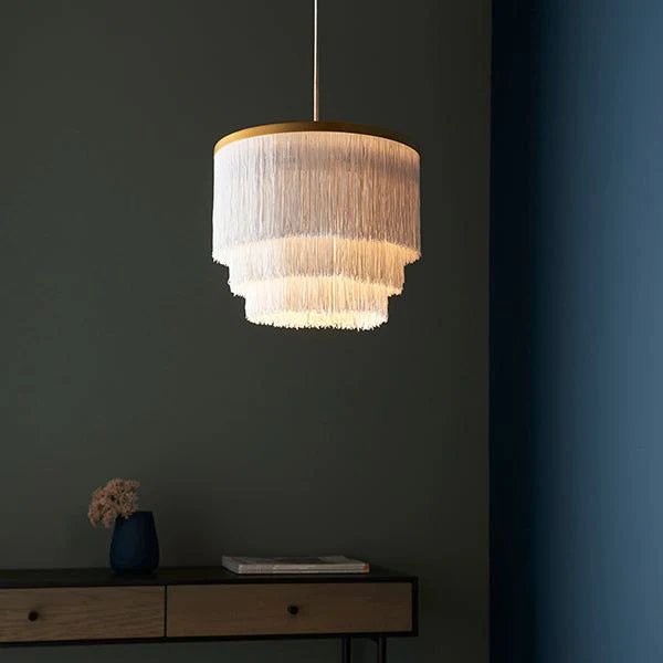 Lola 1Lt White Fringe Pendant with Gold Trim - Image 2