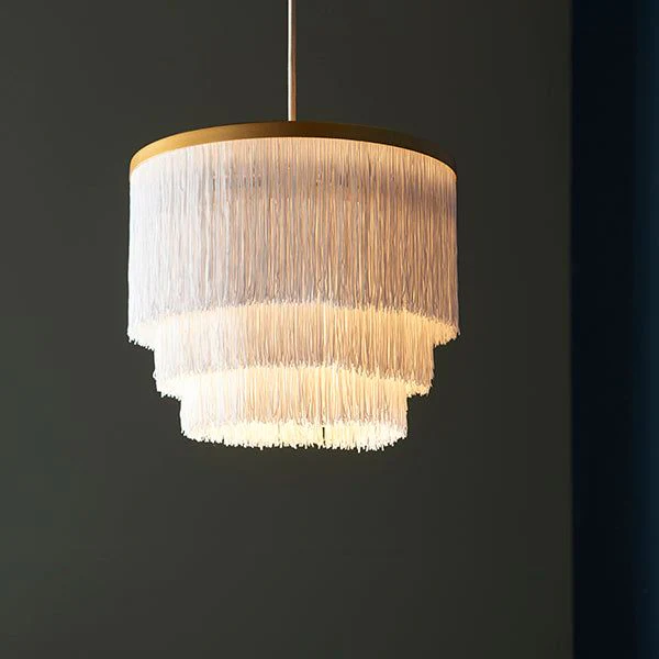 Lola 1Lt White Fringe Pendant with Gold Trim - Image 3
