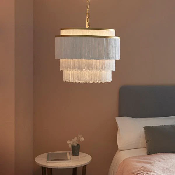 Lola 3Lt White Fringe Large Pendant with Gold Rim - Image 2