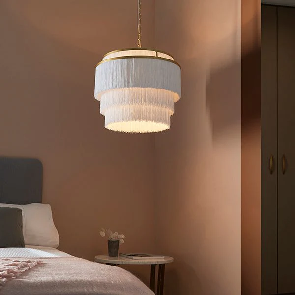 Lola 3Lt White Fringe Large Pendant with Gold Rim - Image 3