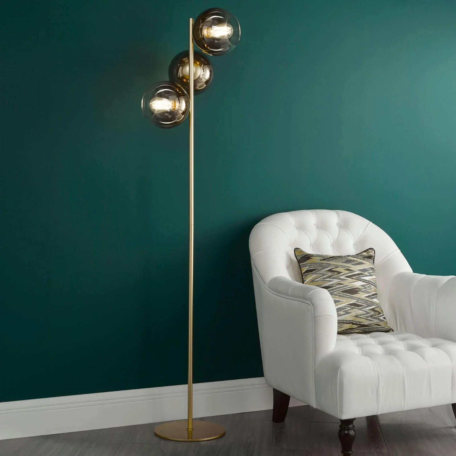 Lycia 3 Light Floor Lamp Matt Black and Smoked Ombre Glass/Satin Gold and Gold Ombre Glass  E27 - Image 11