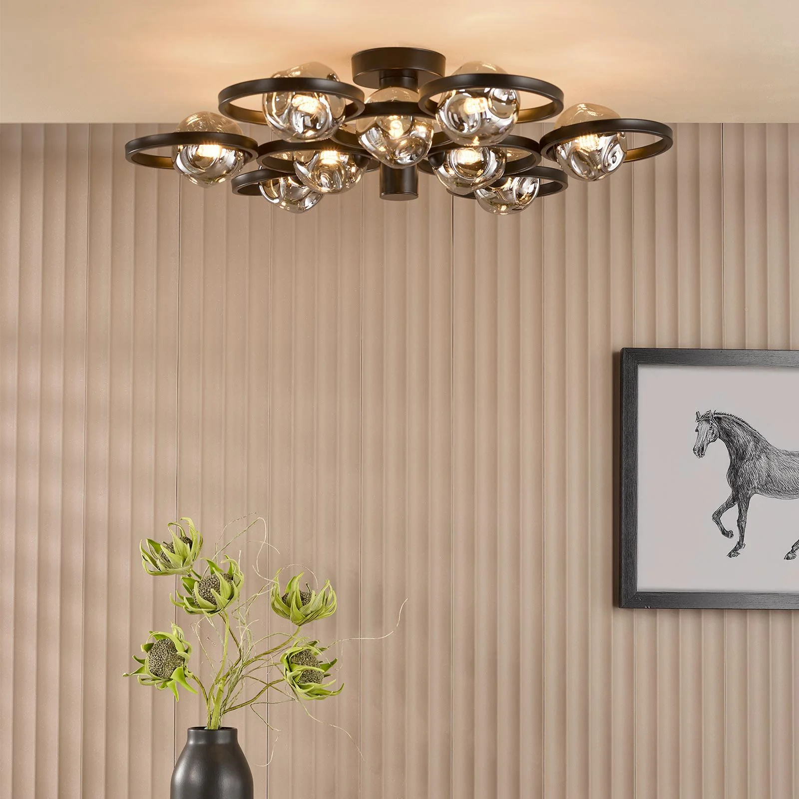 Lynette 9 Light Semi-Flush - Satin Black With Closed Organic Smoked Glass - Image 3