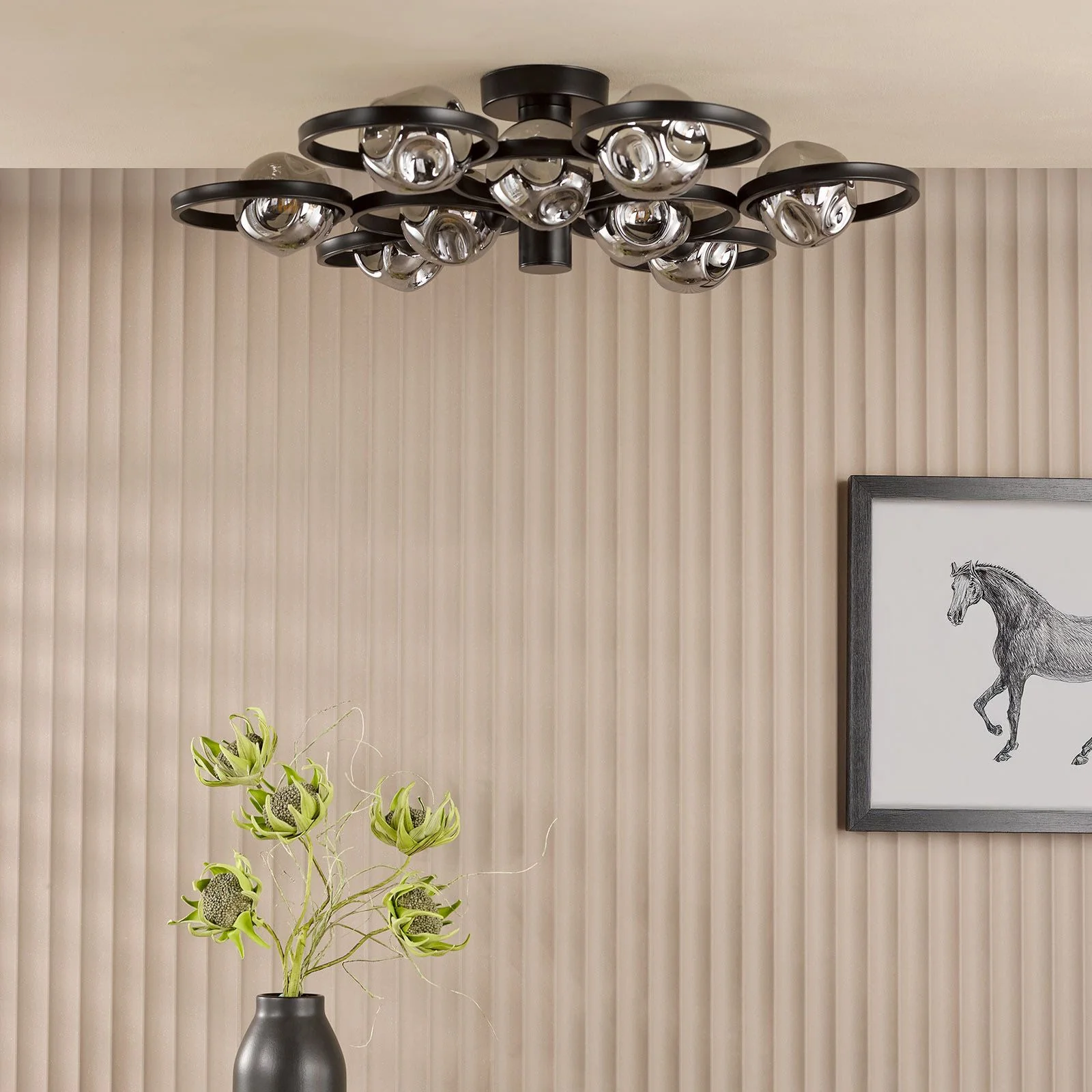 Lynette 9 Light Semi-Flush - Satin Black With Closed Organic Smoked Glass - Image 4
