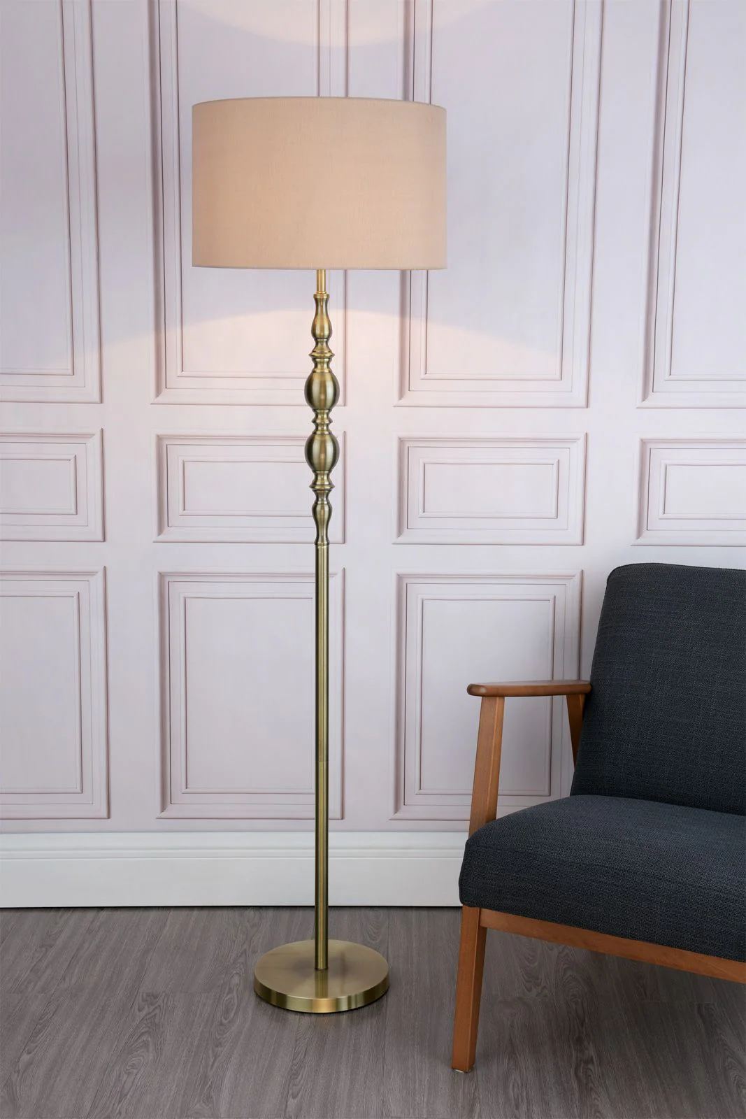 Madrid Floor Lamp Antique Brass/Satin Chrome With Shade E27 - Image 5