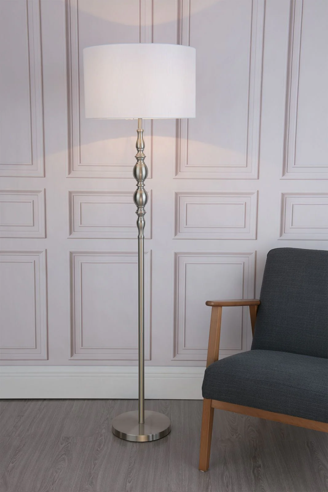 Madrid Floor Lamp Antique Brass/Satin Chrome With Shade E27 - Image 8