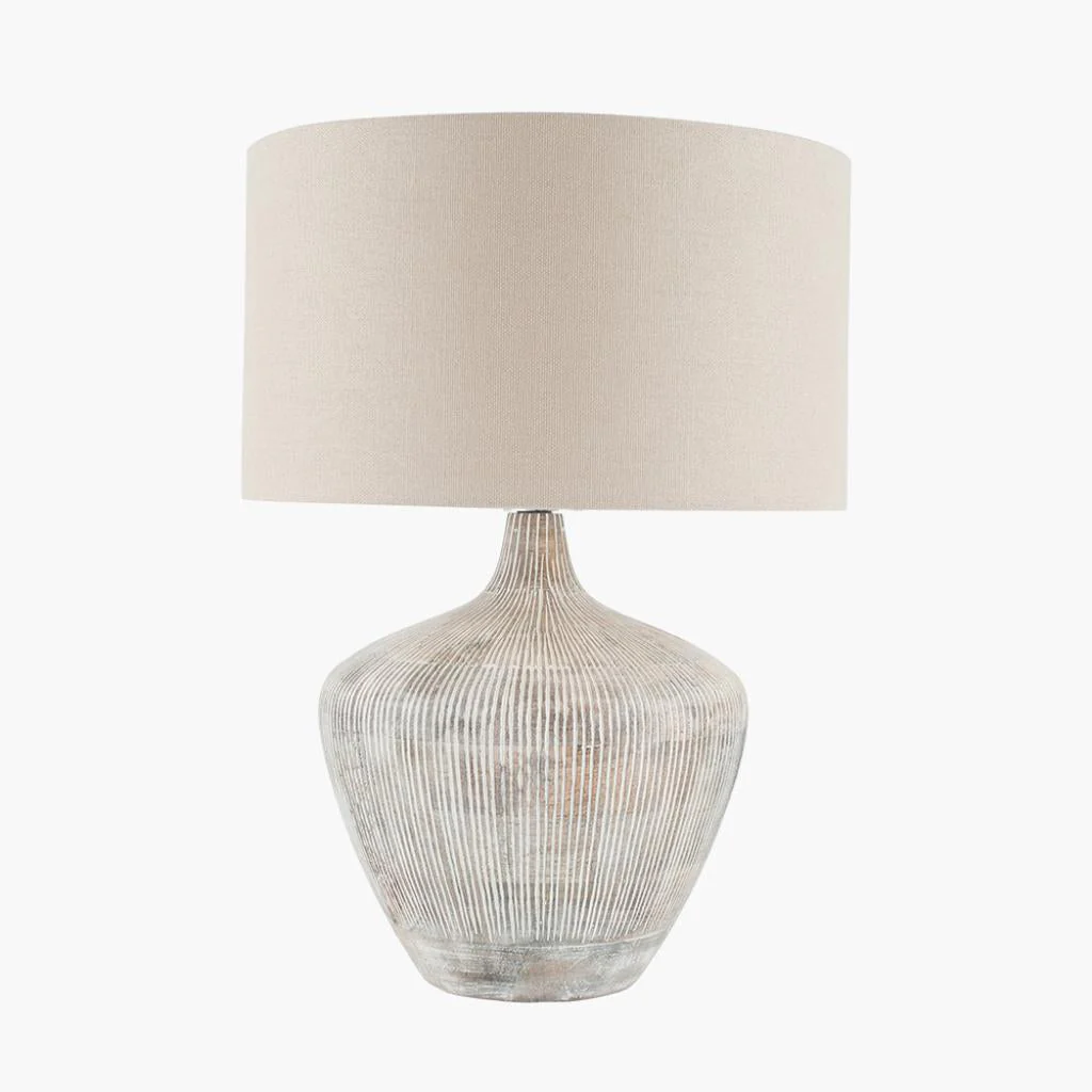Manaia White Wash Textured Wood Table Lamp with Cylinder Shade