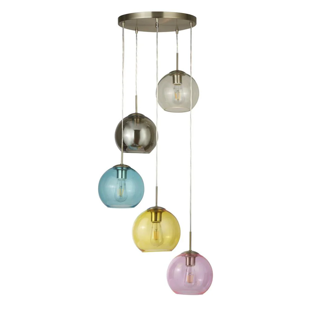 Mardi Gras 5Lt Pendant - Satin Silver Metal & Coloured Glass E27 - Image 2