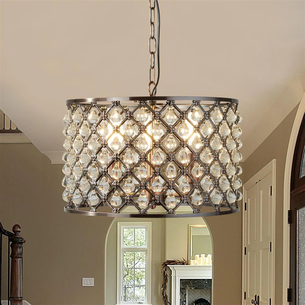 Marquise 3Lt Drum Crystal Ceiling Light - Antique Copper Metal & Glass - Image 4