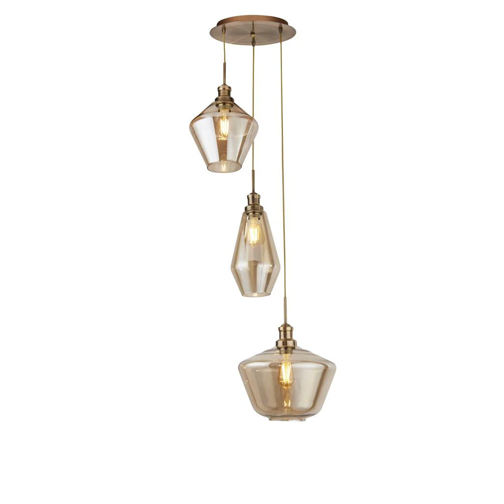 Mia 3Lt Multi-Drop Pendant - Antique Brass/Black Metal,Amber/Smoked Glass E27 - Image 2
