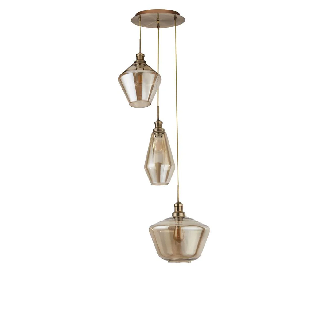 Mia 3Lt Multi-Drop Pendant - Antique Brass/Black Metal,Amber/Smoked Glass E27 - Image 3