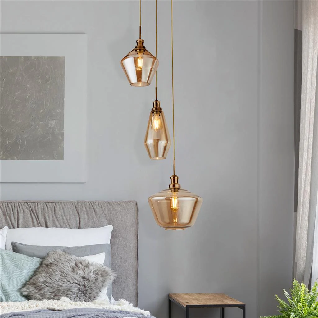 Mia 3Lt Multi-Drop Pendant - Antique Brass/Black Metal,Amber/Smoked Glass E27 - Image 5