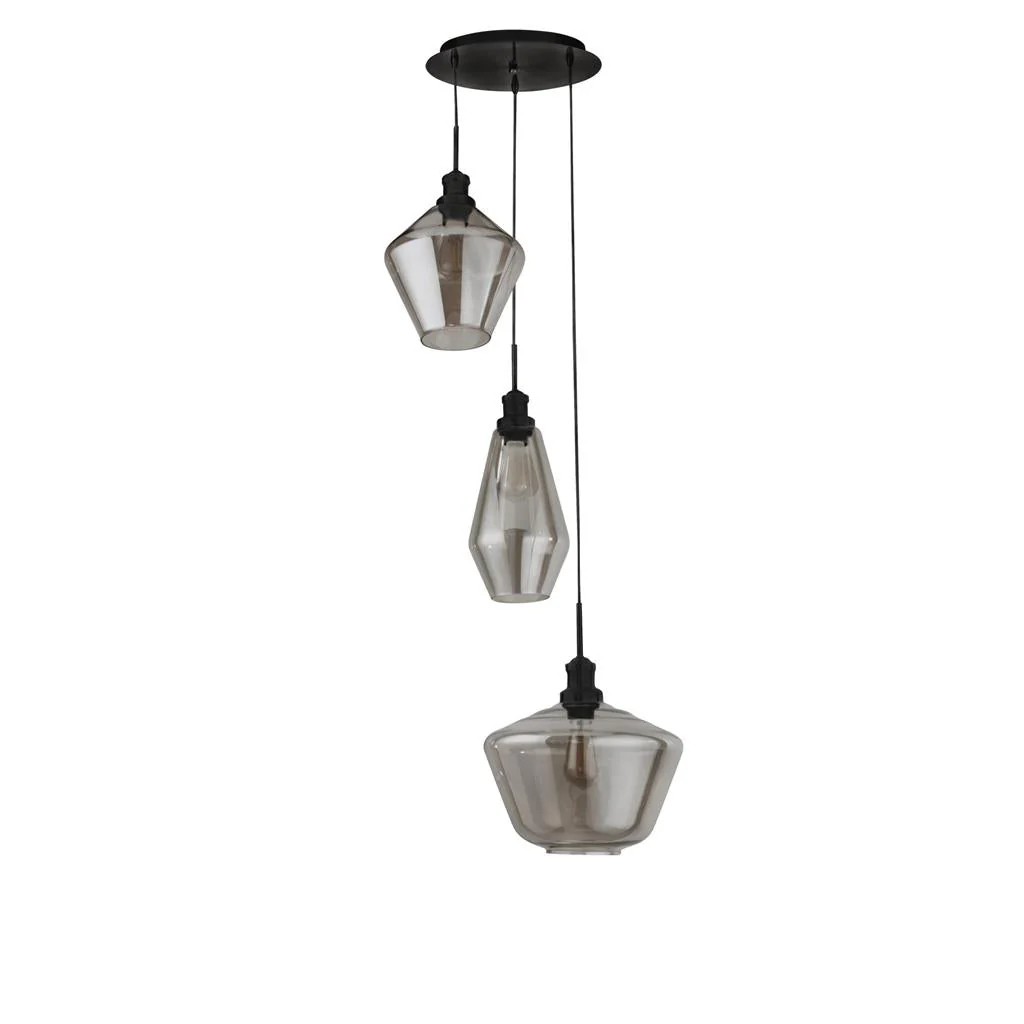 Mia 3Lt Multi-Drop Pendant - Antique Brass/Black Metal,Amber/Smoked Glass E27 - Image 6