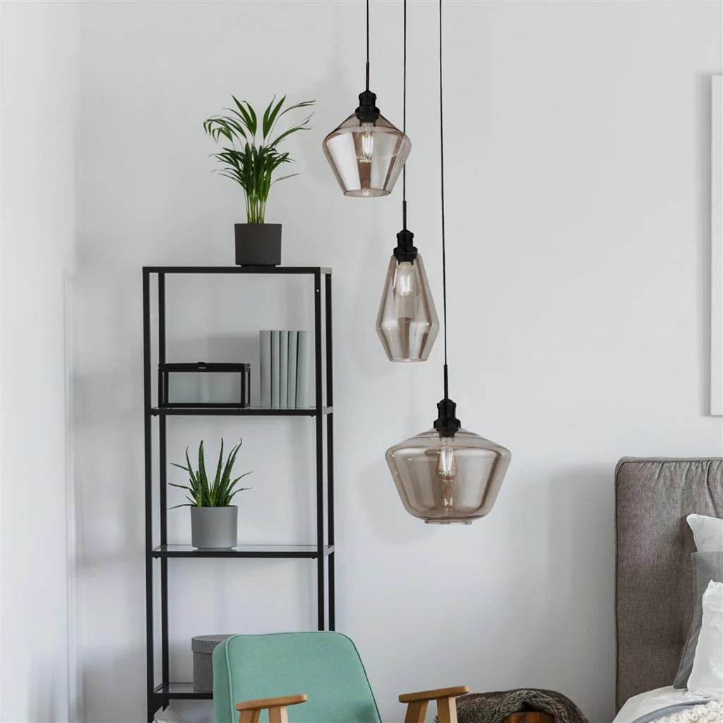 Mia 3Lt Multi-Drop Pendant - Antique Brass/Black Metal,Amber/Smoked Glass E27 - Image 8